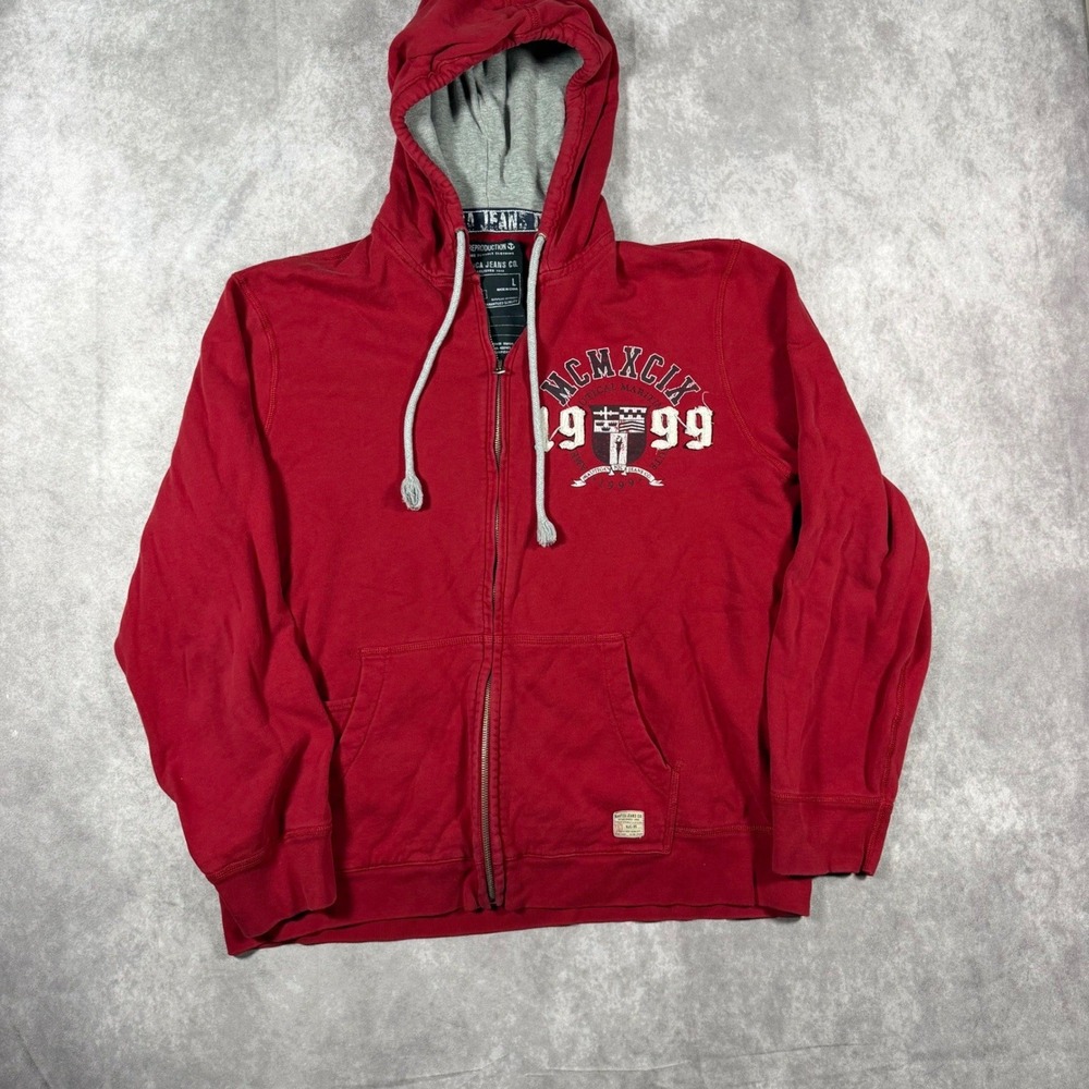 Vintage Y2K Nautica Jeans Co Mens Red Full Zip Hoodie MCMXCIX 1999 Graphic Large
